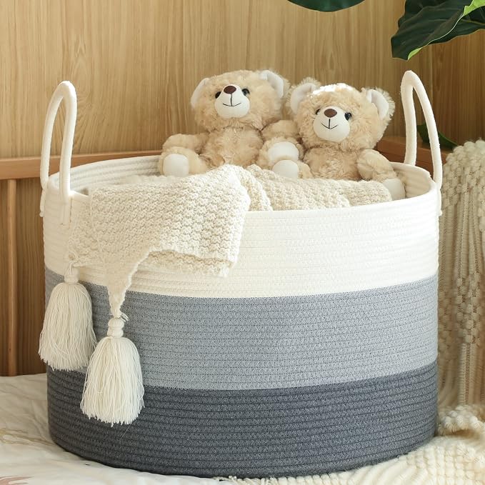 KAKAMAY Large Blanket Basket (20"x13"),Woven Baskets for storage Baby Laundry Hamper,Cotton Rope Blanket Basket for Living Room, Laundry, Nursery, Pillows, Baby Toy chest with Handles (White/Grey) | Extra Large Capacity | Natural Cotton Rope | Blanket ...