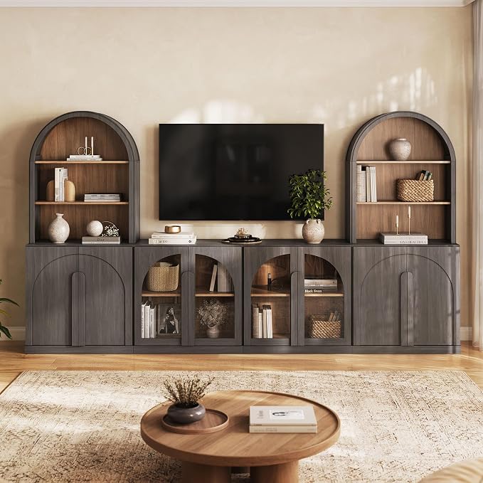BELLEZE 4 Piece TV Stand Storage Set, Modern 2 Tall Entertainment Center with Storage Towers and 2 Wood Side Cabinets, Large Farmhouse Media Console for Living Room, Ebony