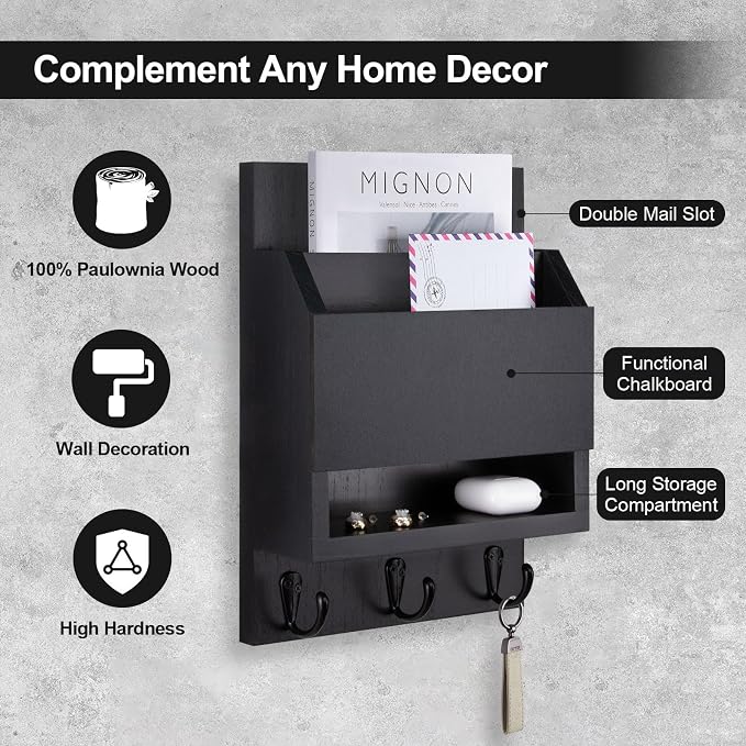 Key and Mail Holder for Wall, Key Holder with Chalkboard and Long Storage Box, Key Hanger with 3 Sturdy Hooks for Coat, Dog Leash, Entryway Mail Organizer (Black)