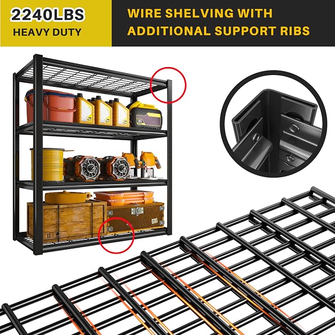REIBII 40" W Storage Shelves with Wire Mesh Panels for Garage Organization | 560Lbs/tier, 40" W x 19.5" D x 59.5" H, Adjustable, 4-Tier, Double-Layer Frame, Rustproof Finish, for Basement Warehouse, 4Pc
