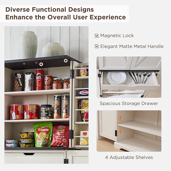 72" Tall Wooden Pantry Storage Cabinet with Door Shelves & Drawer | Farmhouse, Barn Doors, Adjustable Shelves, Freestanding, Anti-tip Kit, for Kitchen, Dining Room, Living Room