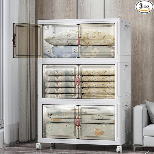 UAMFURI Stackable Storage Bins, 525QT Collapsible Drawers with 1 Lid | Large Capacity, Magnetic Door, Stack Lock, Rolling Wheels, Foldable Design, Organizers and Storage for Bedroom Dorm Garage