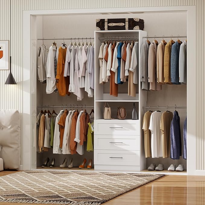 Closet System with 3 Drawers, 5-9FT Modular Organizer | Walk-in Closet Organizer System with 5 Expandable Hanging Rods, 1 Shelves, Wall Mounted Built-in Customized Storage System
