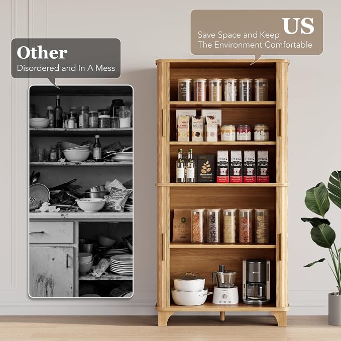 Decofy 69" Tall Kitchen Pantry Storage Cabinet with Sliding Door, Modern Curved Edge Pantry Storage Cabinet with 5 Shelves, Cupboard for the Kitchen, Dining Room, Bedroom, Living Room, Office (Oak)