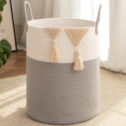 OIAHOMY Large Laundry Basket Hamper - 80L Cotton Rope Woven Basket for Blankets, Toys, Clothes - Tall Decorative Nursery Hamper with Long Handles, Grey/White