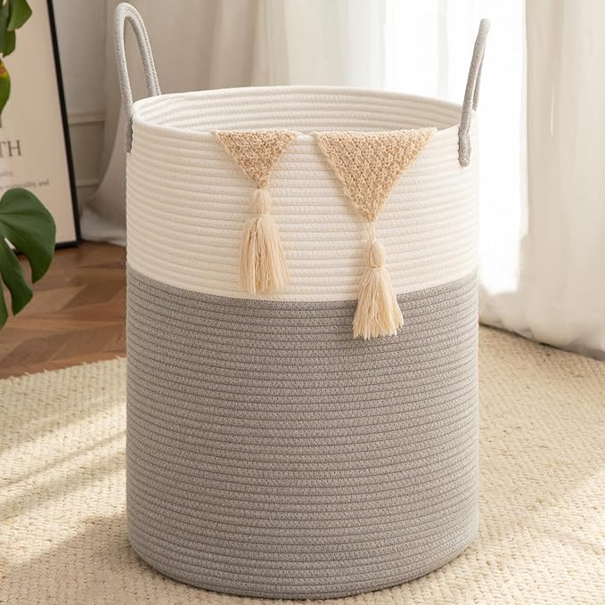 OIAHOMY Large Laundry Basket Hamper - 100L Cotton Rope Woven Basket for Blankets, Toys, Clothes - Tall Decorative Nursery Hamper with Long Handles, Grey/White