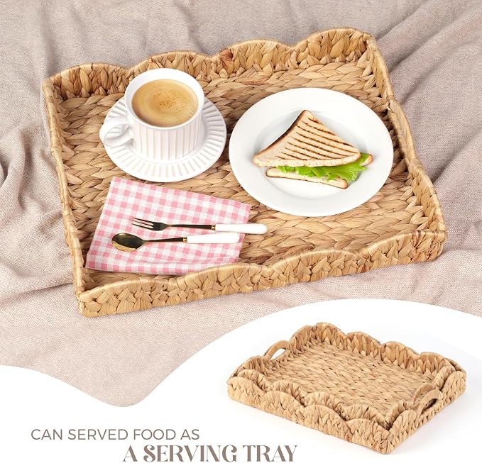 Scalloped Water Hyacinth Tray, Hand-Woven Wicker Storage Baskets with Scalloped Edge and Handles (17x13x3 inch) Rectangular Handwoven Trays, Water Hyacinth Basket, 2 Pack