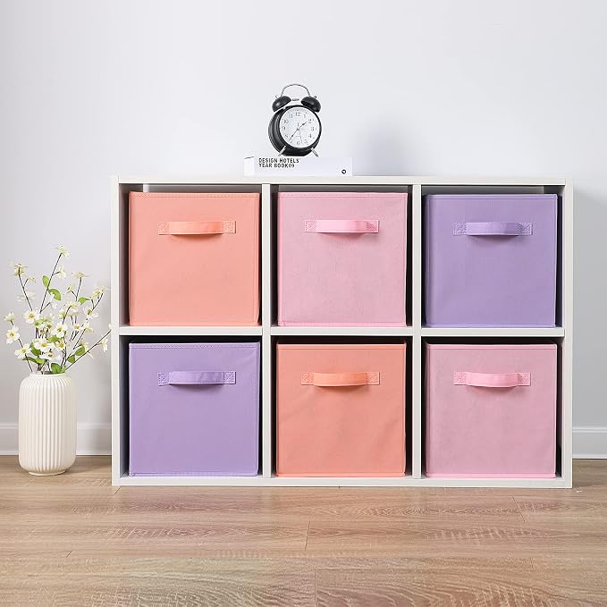 Stero Fabric Storage Bins 6 Pack Fun Colored Durable Storage Cubes with Handles Foldable Cube Baskets for Home, Kids Room, Closet and Toys Organization Purple, Pink, peachpuff