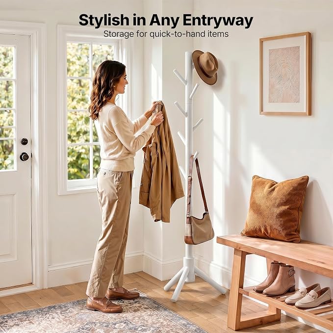 AMADA Solid Wooden Coat Rack Freestanding with 8 Hooks, White | 100% solid wood, 3 height options, widened base for stability, tool-free assembly, smooth rods & hooks prevent clothing snags