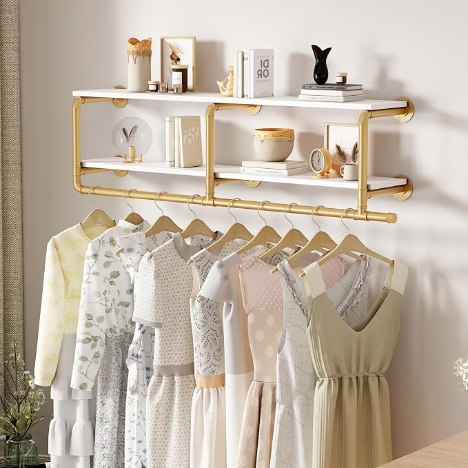 ORSENIGO Industrial Pipe Clothing Rack with Shelves, Gold Wall Mounted Clothes Rack Heavy Duty Display Garment Rack for Home Retail