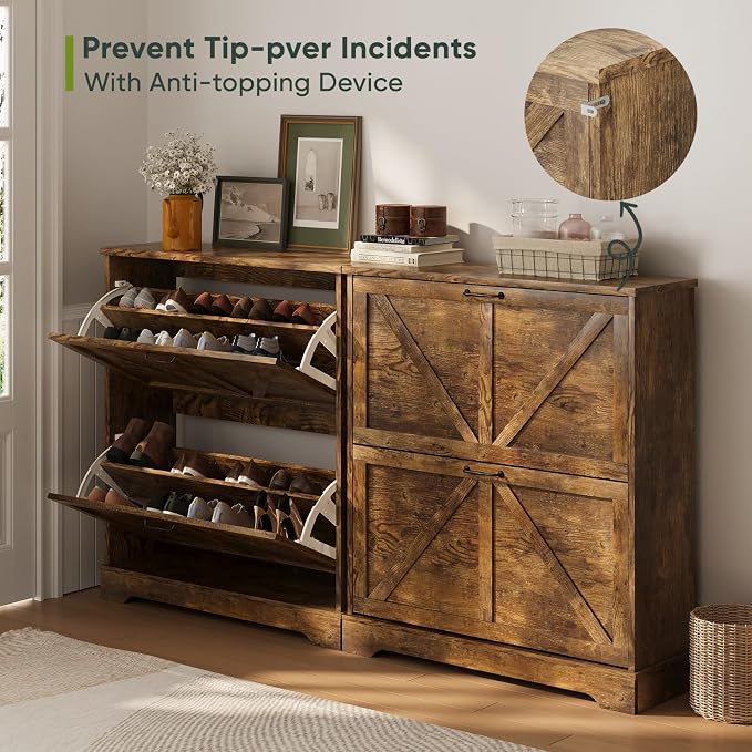 Smart FENDEE Shoe Cabinet, Shoe Storage Cabinet for Entryway with 2 Flip Drawers, Narrow Farmhouse Shoe Organizer Cabinet, Slim Shoe Rack Cabinet, 31.5 in Rustic Brown