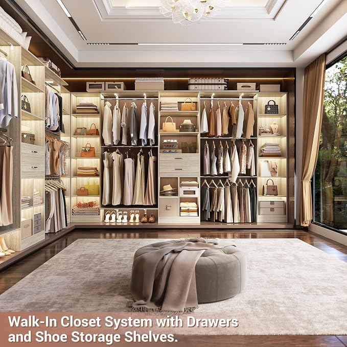 Besiost Closet System - 9.4FT/112" Closet Organizer System with Wooden Drawers,Closet Systems for Walk-In Closets with Hang Rods and Open Cabinet, Greige Oak