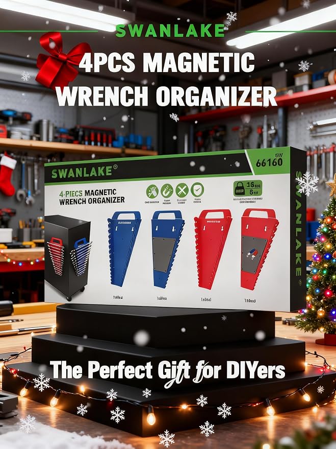SWANLAKE Magnetic Wrench Organizer Toolbox Holder, 4-Pack SAE (1/4'' to 1-1/16''), Metric (6mm to 27mm) Wrench Organizers, Total Hold 60 Slots Ratchet Holders for Tool Box