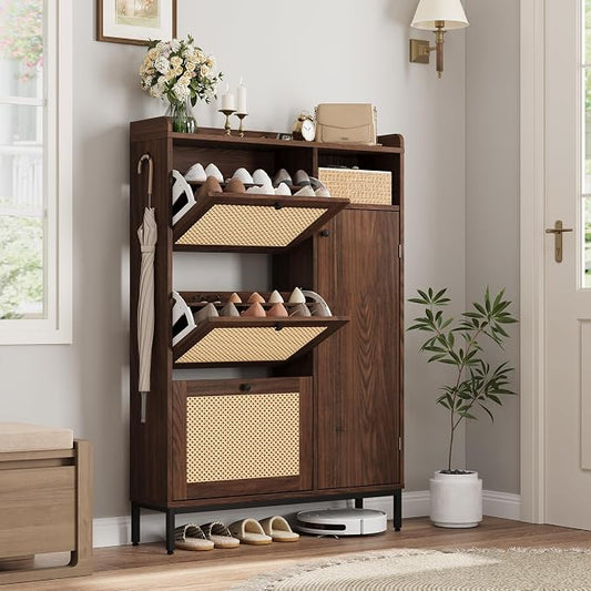 Garvee Shoe Cabinet with 3 Flip Drawers and 4-Tier Shoe Storage Cabinet, Freestanding Shoe Organizer with Adjustable Shelf and Rattan Doors for Entryway, Closet, Hallway