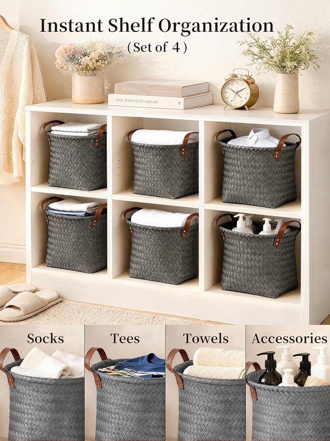 Wicker Storage Baskets, 4 Pack Woven Baskets for Shelves, Grey | PP Rattan, Water-resistant Wicker Basket, Large Baskets with Faux Leather Handles for Blanket, Laundry Organizer, Room Decor