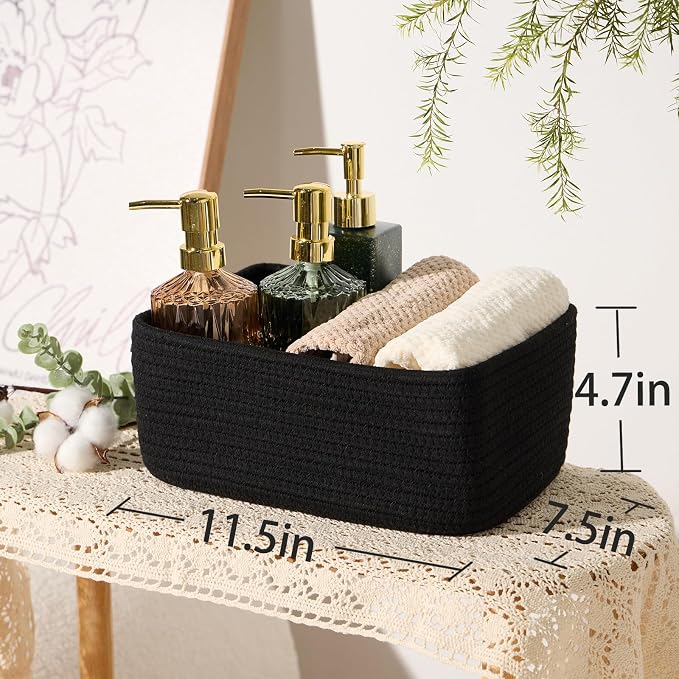 MiniArk Small Storage Baskets for Organizing | Closet Organizer Bins | Shelf Toy Basket | Woven Rope Baskets | Cube Decorative Box | Shallow Basket | 11.5x7.5x4.7” | 4 Packs Black