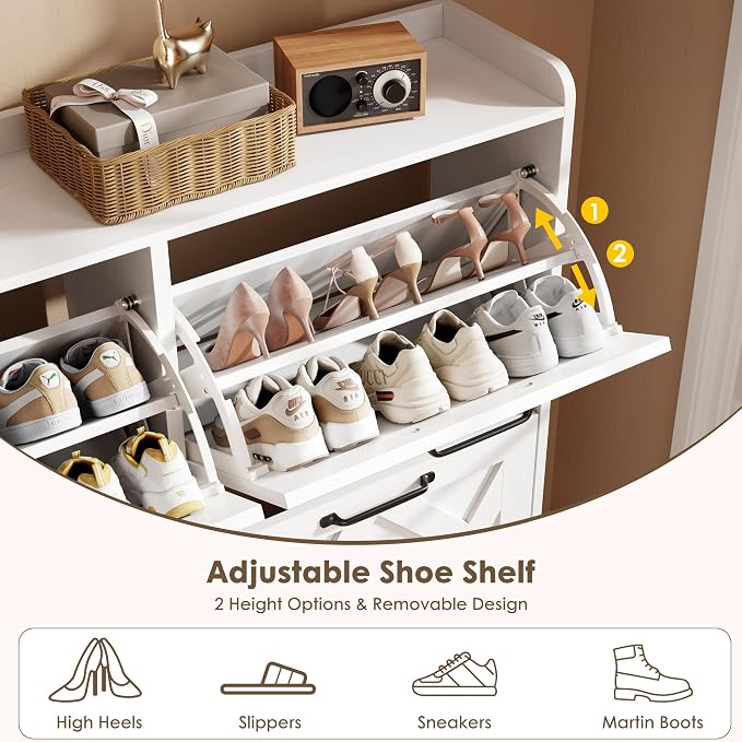 Nicetree Shoe Cabinet with 4 Flip Drawers, Freestanding Shoe Organizer Cabinet with Metal Legs, Farmhouse Slim Shoe Rack Cabinet for Entryway, Foyer, Hallway, White