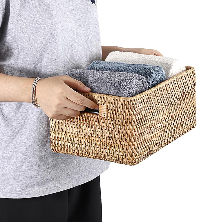 Hipiwe Woven Rattan Basket Natural Wicker Storage Basket Box with Handles | Rectangular Open Storage Bin for Shelf Bathroom Living Room Kitchen, 13" x 8.7" x 5.9"