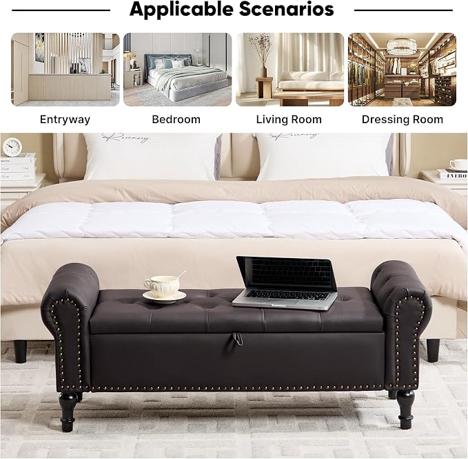 51" Storage Bench for Bedroom, Faux Leather End of Bed Bench, Queen Size Bench with Rolled Arms, Tufted Storage Ottoman Benches, Upholstered Bench for Bedroom, Living Room, Entryway, Dark Brown