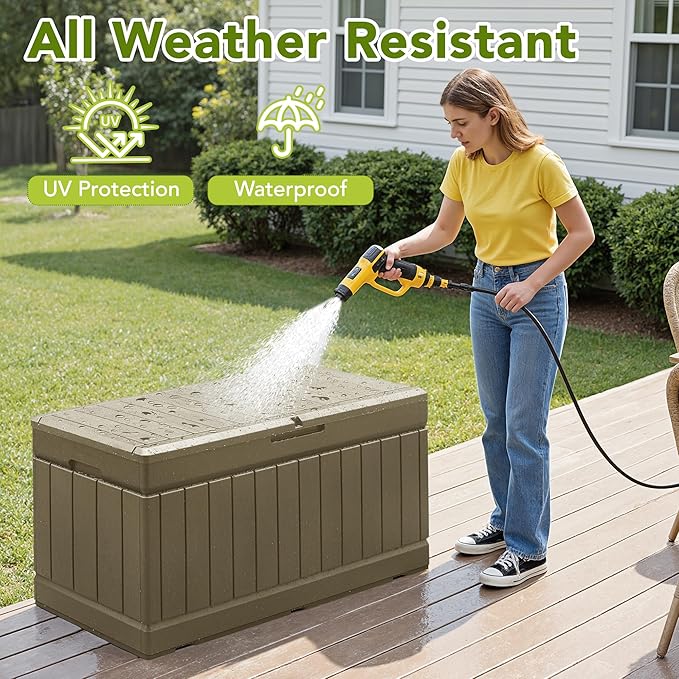 Devoko 78 Gallon Deck Box, Waterproof Resin Outdoor Storage Box | Outdoor Storage Bench Lockable for Outside and Patio Furniture, Garden Tools and Pool Supplies