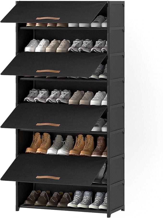 9 Tier Shoe Cabinet with Door, 36-Pair Storage, Black | Max capacity for large families. Door prevents dust & pet damage. Holds all shoe types. Easy connector assembly.