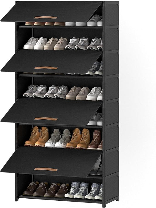 9 Tier Shoe Cabinet with Door, 36-Pair Storage, Black | Max capacity for large families. Door prevents dust & pet damage. Holds all shoe types. Easy connector assembly.