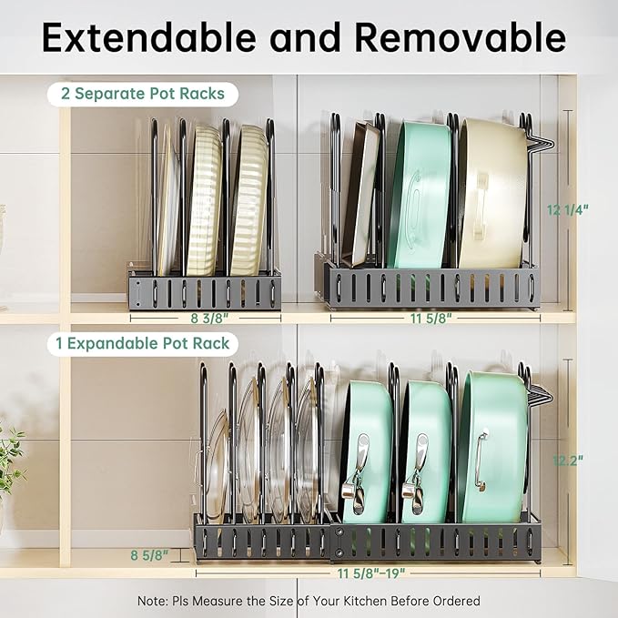 Pots and Pans Organizer Under Cabinet Expandable, 8-Tier Adjustable | Expandable 11.7–19", 3 DIY Modes, Tool-Free Assembly, Non-Slip, Fits Pots 6–11", For Kitchen Cabinets, Shelves & Countertops