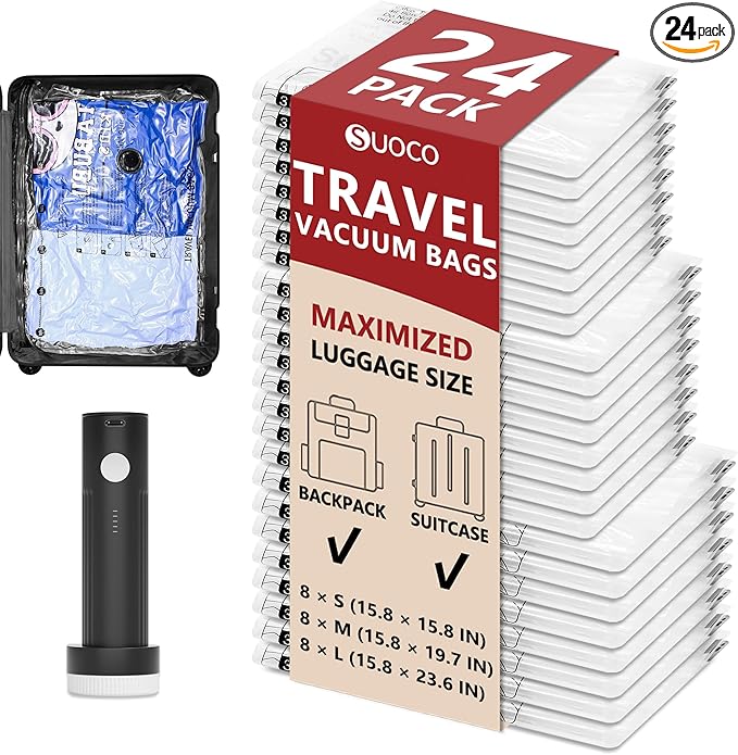 Travel Vacuum Bags for Clothing with Rechargeable Electric Pump, Compression Packing Cubes Organizer Storage for Luggage Suitcase, Space Saver Seal Bags for Vacation Cruise, 24 Combo | Compression Packing Cubes Organizer Storage for Luggage Suitcase, S...