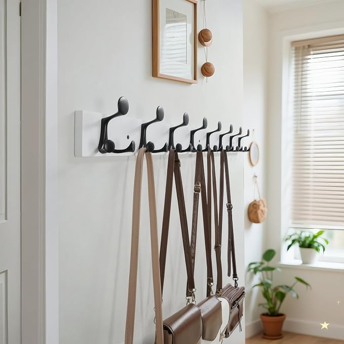 WEBI Coat Rack Wall Mount,43" Solid Wood Coat Hooks Wall Mounted Coat Hanger,16" Hole to Hole,Heavy Duty Hook Rack Rail,8 Triple Hooks for Hanging Coats,Jacket,Clothes,Hat,Backpack,White