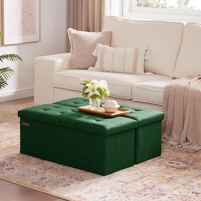 HAUSFRAU Ottoman with Storage Bench Folding Foot Rest Stool Linen Green | 31.5", Flip Lid, Small Upholstered Foldable Footrest Footstool, Bedroom Bench, Living Room Dorm Ottoman, Rectangle