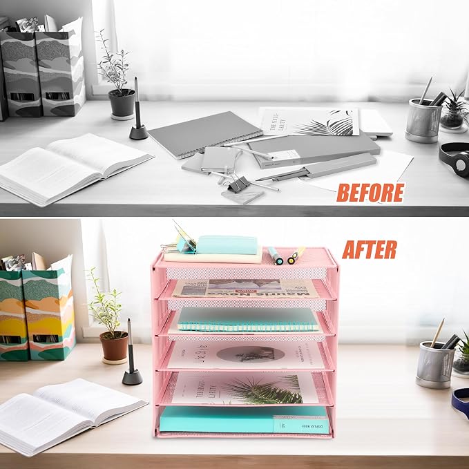 5 Slot Mesh Desk Organizer Tray, File Paper Letter Folder Holder Desktop Paper Sorter Mail Organization Rack Storage Accessories, for Office Home School Classroom, Pink
