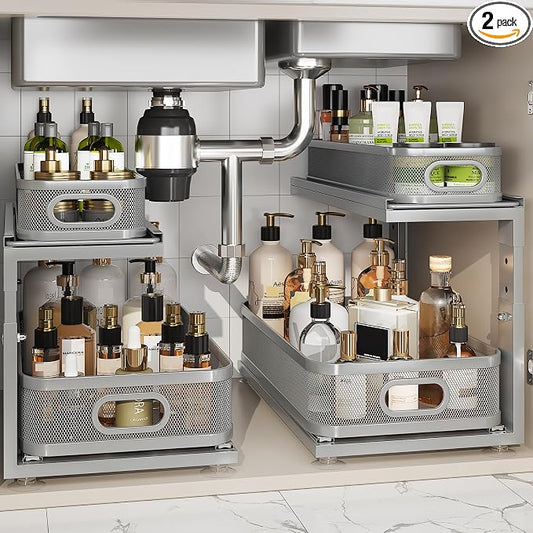 2 Pack 18.5IN-Depth Under Sink Organizer With Next-Gen Ball-Bearing Slides,2-Tier Precision Mesh Pull Out Cabinet Storage for Bathroom&Kitchen,Height Adjustable Drawers Shelf,Anti-rust-Grey