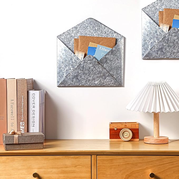 Yaocom 2 Pcs Galvanized Metal Envelope, Wall Mail Organizer Holder Mounted Rustic Wall Holder Farmhouse Pocket for Storage Mail Postcards Letters Bills Home and Office Decor