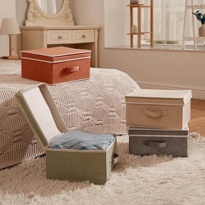 Storage Bins with Lid, Foldable Clothing Storage Box case with Handle for Closet, Bedroom, Home, 4 Color Set A, 13L x 12.5W x 7H inch