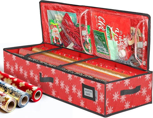 HOLDN’ STORAGE Premium Wrapping Paper Storage Container, Red w/Snowflakes | Durable 600D Tear-Proof, Fits 27 Rolls Gift Wrap, Extra Pockets for Ribbons & Bows, Underbed Storage