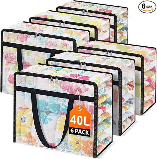 6 Packs 40L Clear Under Bed Storage Containers, Large Clothes Storage Bags | Heavy Duty Large Capacity Foldable Moving Bags with Sturdy Handles, Clothing Organizer Totes for Bedding Comforter Sheet