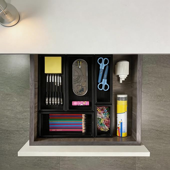 bamboo drawer organizer Set,expandable drawer dividers,wooden storage organizers,drawer organizers for kitchen, bathroom,flatware,Tea Bag Organizer (1 X 5PCS Black)