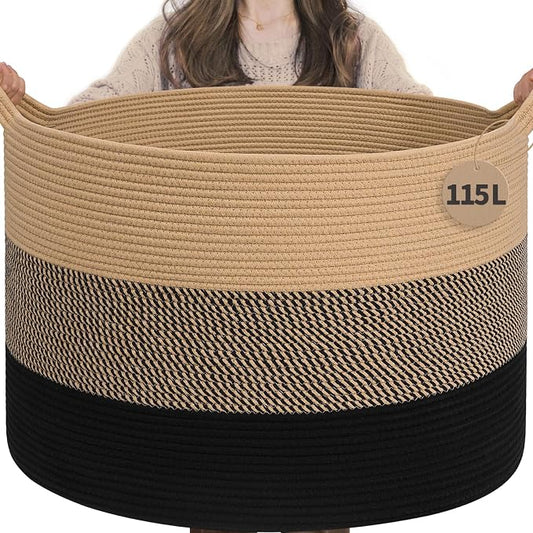 INDRESSME 115L Extra Large Woven Rope Blanket Basket Living Room | 23.6" x 15.7" Storage baskets for toys laundry & pillows. Fits living room, bedroom or nursery décor. Soft-touch with handles