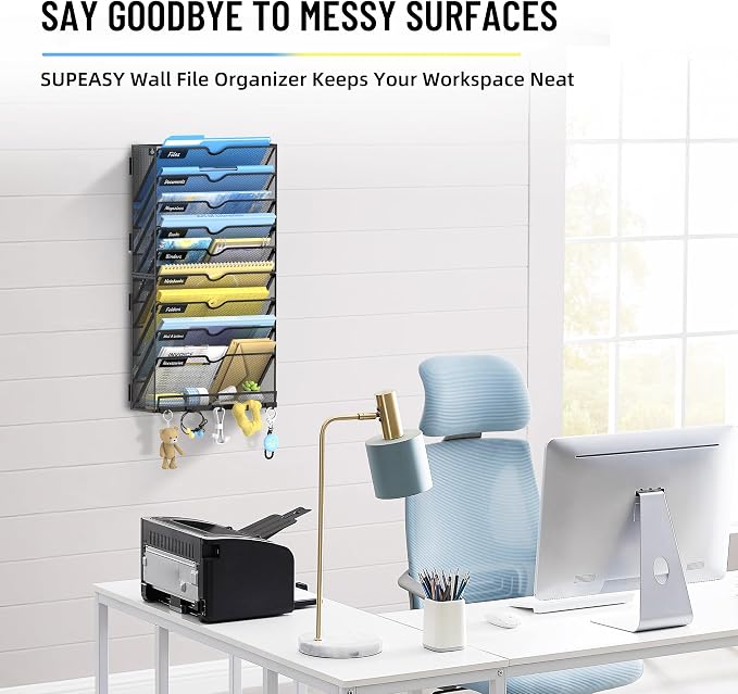 10-Tier Wall File Organizer with Hooks, Hanging File Organizer | Metal Mesh Mail Organizer, Wall Mounted File Organizer for Home, Classroom, Office Organization