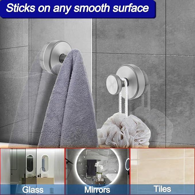Bntuk Suction Cup Hooks for Shower, Removable Towel Hooks for Bathroom Window Glass Door Wall, Bath Robe Looafh Hook for Hanging - 4 Pack, Silver
