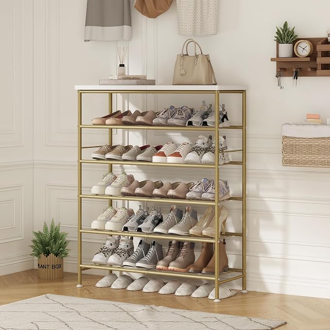 SUOERNUO 6 Tier Shoe Rack Organizer for Closet Shoe Storage for Entryway | Free Standing with MDF Top Board,Sturdy Metal Frame,Ideal for Living Room,Hallway Gold