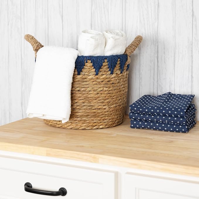 Stratton Home Decor Woven Straw Decorative Storage Basket | Rustic Wicker Basket for Storing Essentials | Natural Colored Blanket Basket with Blue Details | 10.0”x10.0”x10.0”