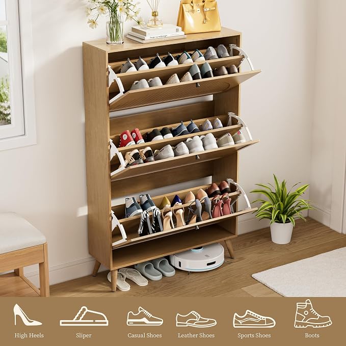 Fsbecl Shoe Storage Cabinet for Entryway with 3 Fluted Flip Drawers, Oak | Narrow Design, Freestanding Shoe Rack with Adjustment Shelves, Wooden Hidden Organizer for Hallway Foyer, 18-24 Pairs