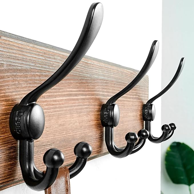 Coat Rack Wall Mounted - 5 Tri Hooks, Heavy Duty, Wooden Wall Coat Hanger Coat Hook for Clothes Hat Jacket Clothing, Natural & Black