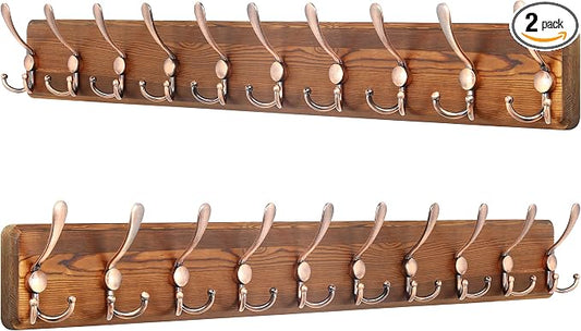 SKOLOO Coat Rack Wall Mounted - 38.3'' Long, Pack of 2, Wooden, Heavy Duty, Rustic Coat Hooks for Wall, Wall Coat Rack with 10 Triple Hooks for Hanging Clothes, Jacket, Hat(Brown & Retro Red)