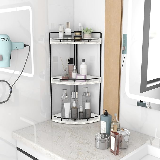 Dorhors Corner Bathroom Organizer Countertop,Vanity Counter Storage Shelf | 3 Tier Rustic White Stand Rack Holder for Kitchen,Dresser,Restroom,Wood Bathroom Sink Tray for Makeup,Perfume,Skincare,Lotion