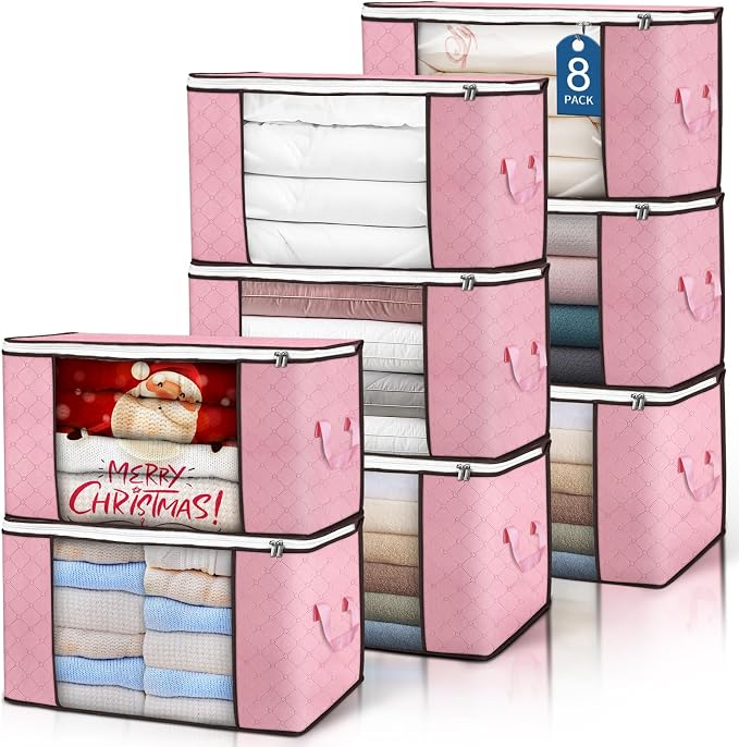 90L Large Storage Bags, 8 Pack Clothes Storage Bins Closet Organizers | Foldable Storage Containers, with Reinforced Handle, for Clothing, Blanket, Comforters, Bed Sheets, Pillows and Toys,Pink