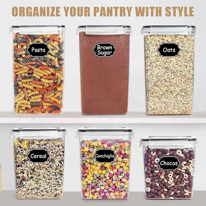 Wildone Flour Sugar Storage Containers 6.5L, 4 PCS, Black | Large Bulk Food Storage Containers with Airtight Lids for Flour and Sugar, BPA Free, Food Grade Material, 20 Labels Included