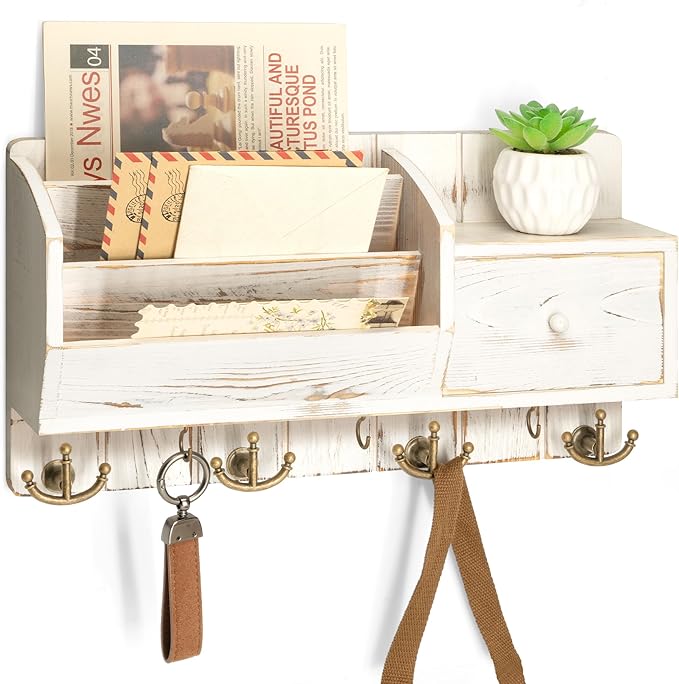 Rebee Vision Key Holder Wall Mount with Drawer for Room Decor, Whitewash | Pine Wood Farmhouse Key Holder for Wall, with 7 Hanging Hooks, Letter Organizer, Ideal Farmhouse Home Decor Solution