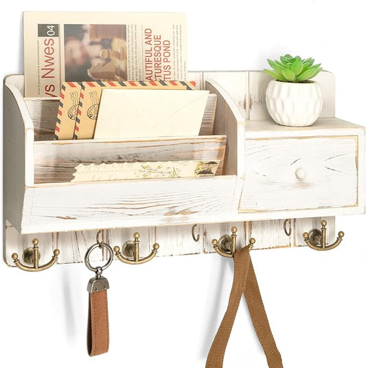 Rebee Vision Key Holder Wall Mount with Drawer for Room Decor, Whitewash | Pine Wood Farmhouse Key Holder for Wall, with 7 Hanging Hooks, Letter Organizer, Ideal Farmhouse Home Decor Solution
